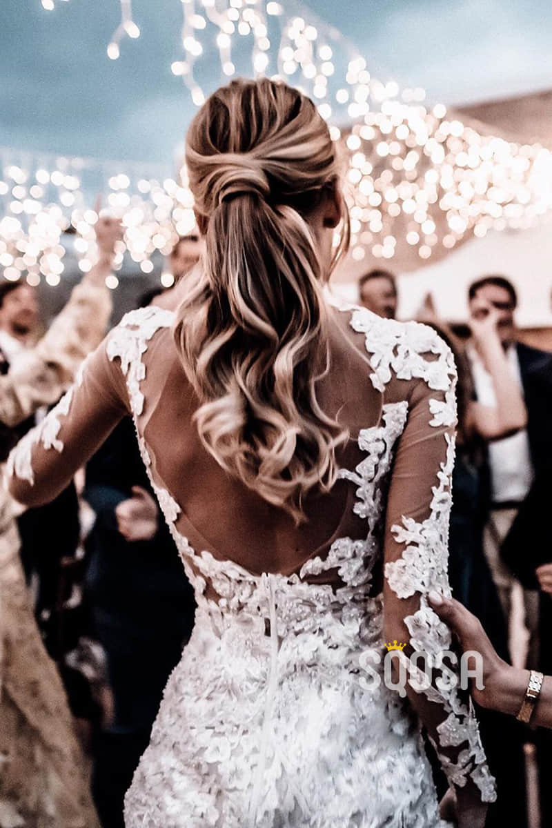 Sheath/Column Wedding Dress Illusion Appliques Long Sleeves Bohemian Wedding Dress QW2418|SQOSA