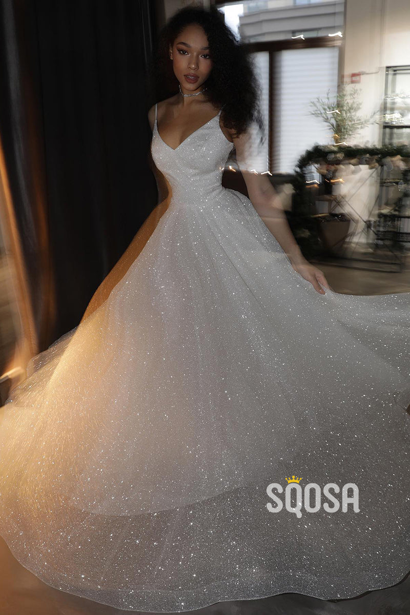 Spaghetti Straps V Neck Sparkly Bohemian Wedding Dress Bridal Gown