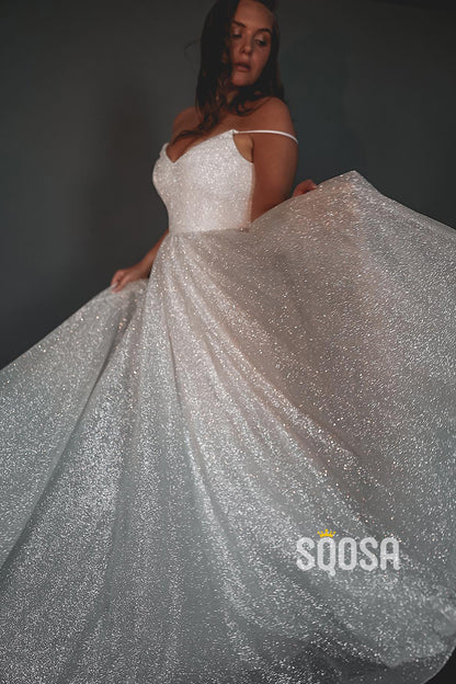 Spaghetti Straps V-Neck Sparkly Bohemian Wedding Dress Bridal Gown QW2437