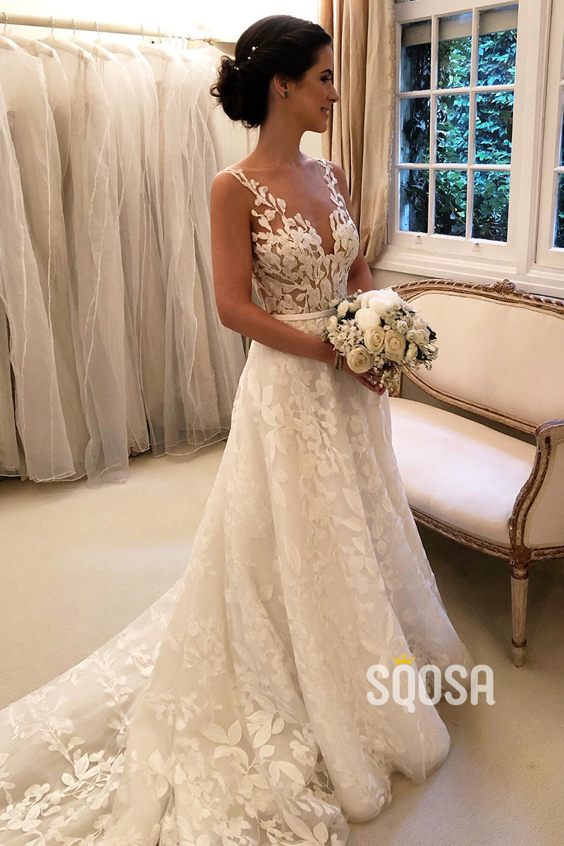 Illusion Neckline Lace Wedding Dress A-line Bridal Gown QW2455