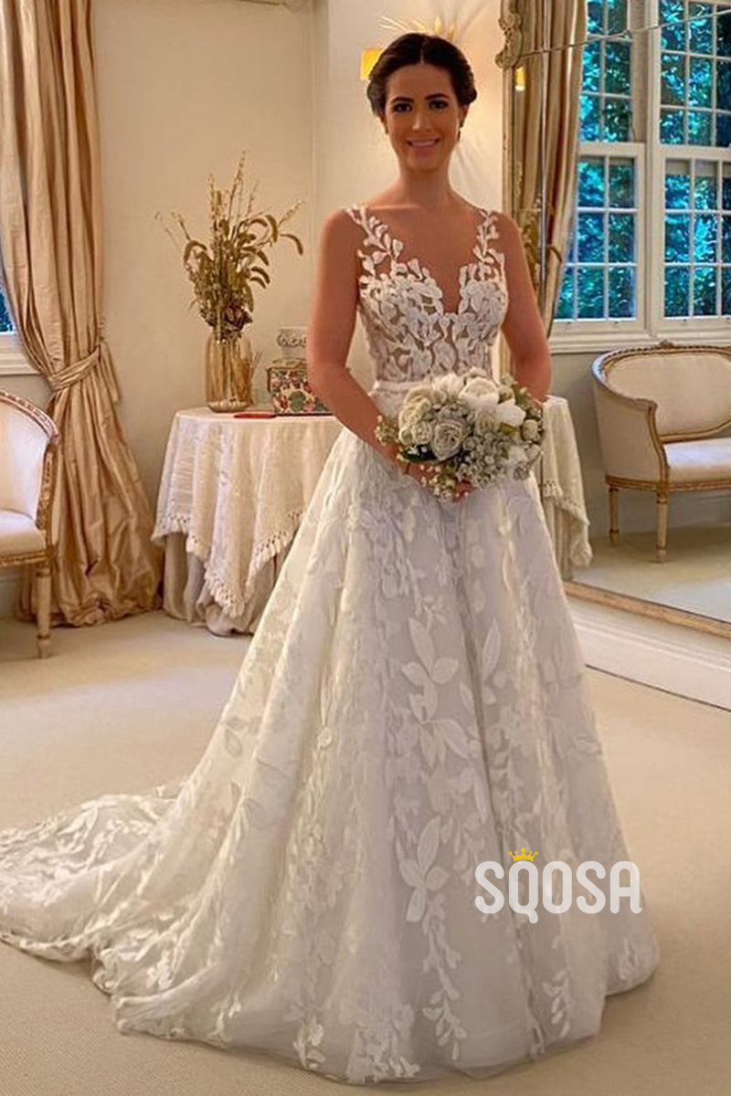 Illusion Neckline Lace Wedding Dress A-line Bridal Gown QW2455