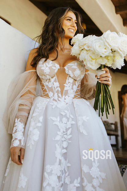 A-line Off the Shoulder Long Sleeves Lace Appliques Bohemian Wedding Dress QW2457