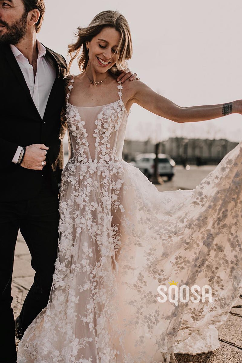 Spaghetti Straps Scoop Allover Lace Bohemian Wedding Dress QW2460