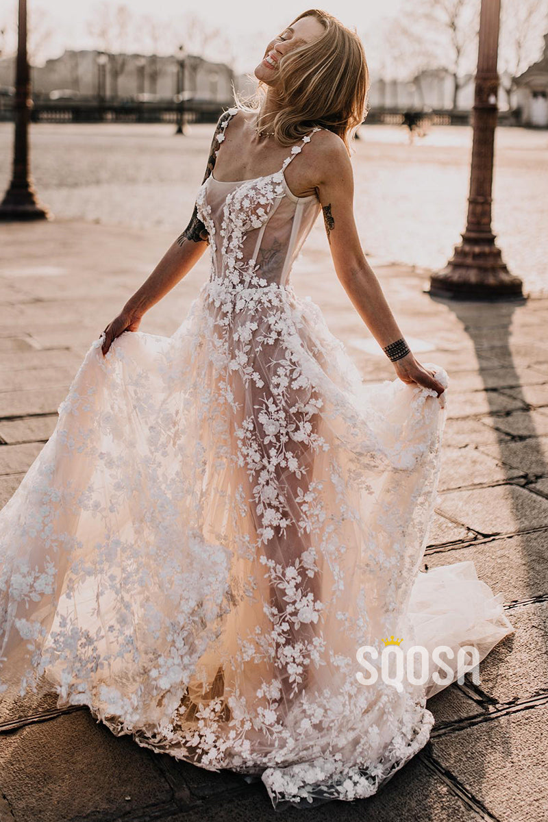 Spaghetti Straps Scoop Allover Lace Bohemian Wedding Dress QW2460