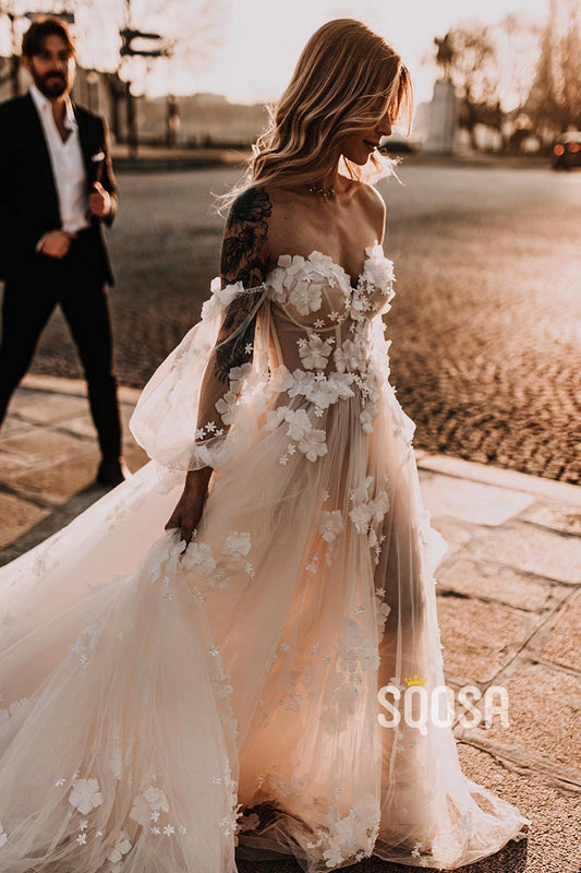 A-line V-Neck 3D Appliques Bohemian Wedding Dress Besch Bridal Gown QW2461
