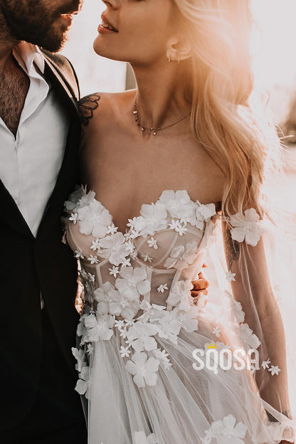 A-line V-Neck 3D Appliques Bohemian Wedding Dress Besch Bridal Gown QW2461
