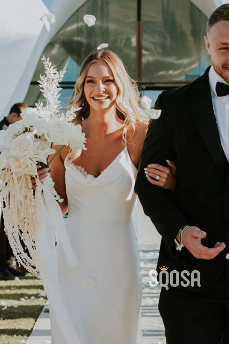 Spaghetti Straps Lace Simple Bohemian Wedding Dress QW2473