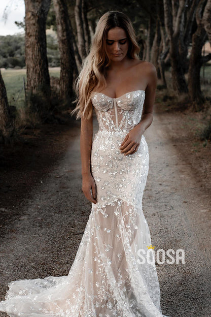 Allover Lace Sweetheart Mermaid Wedding Dress Bohemian Bridal Gown QW2475