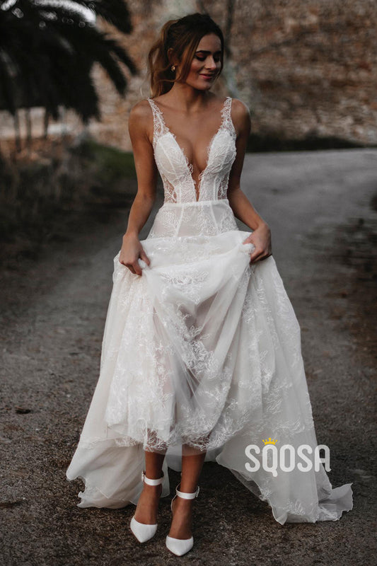 Sexy V-neck Spaghetti Straps Lace Bohemian Wedding Dress with Sleeves QW2478