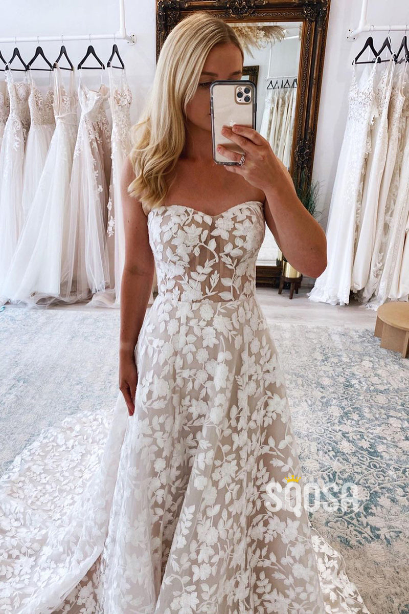 A-line Romantic Lace Wedding Dress Rustic Bridal Gown QW2502|SQOSA