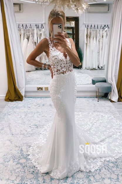 Sexy V-Neck Lace Appliques Mermaid Wedding Dress QW2504|SQOSA