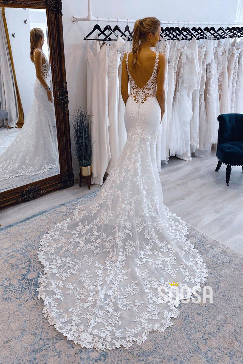 Sexy V-Neck Lace Appliques Mermaid Wedding Dress QW2504|SQOSA