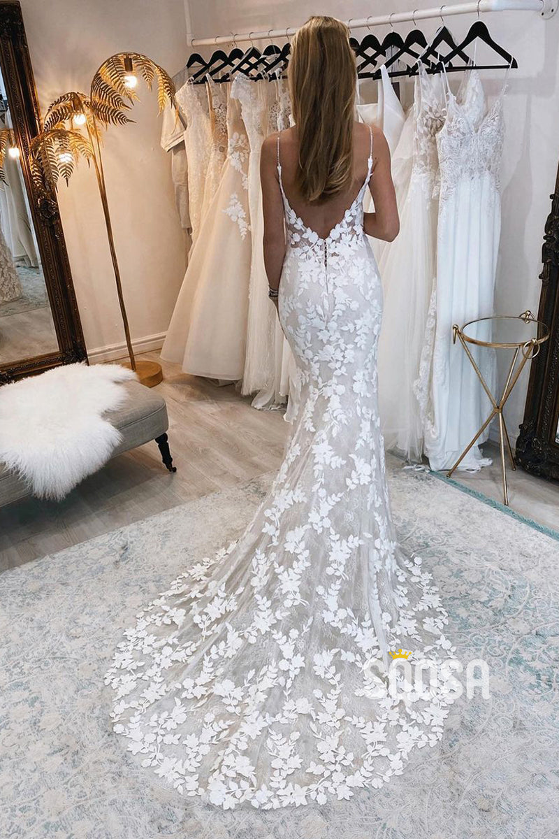 Spaghetti Straps V-Neck Lace Wedding Dress Mermaid Bridal Gown QW2507|SQOSA