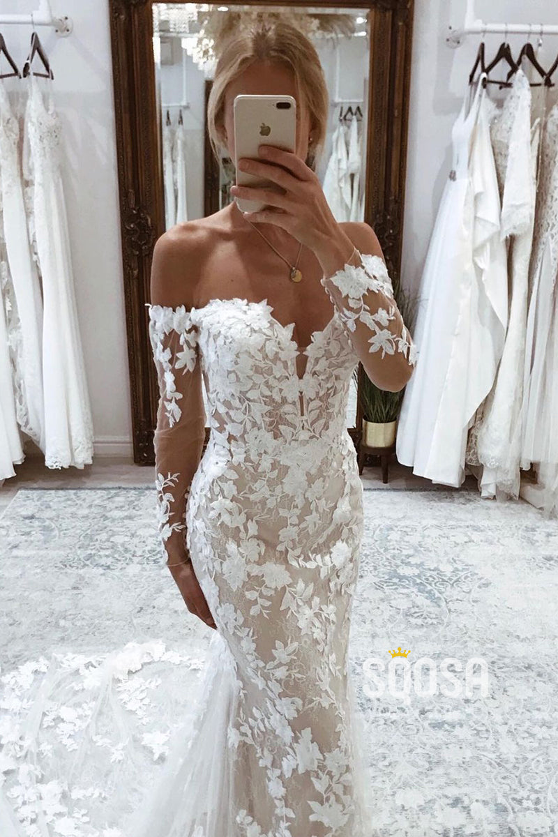Off the Shoulder Long Sleeves Mermaid Wedding Dress Lace Bridal Gown QW2508|SQOSA