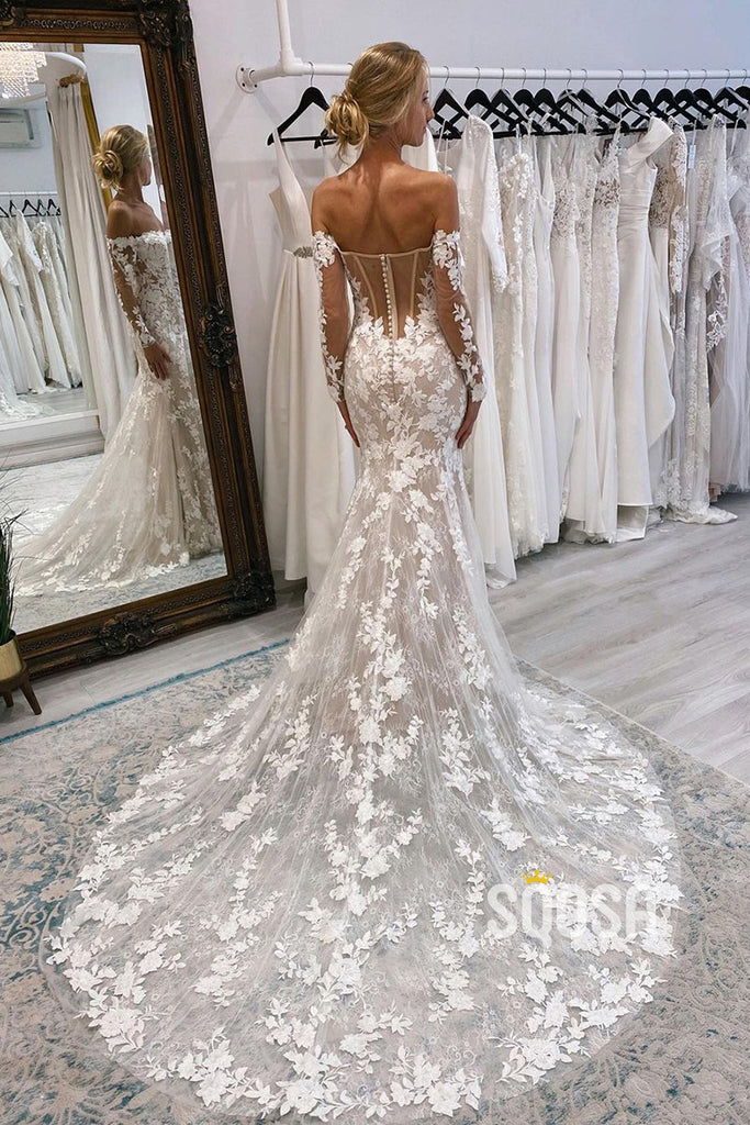 Off the Shoulder Long Sleeves Mermaid Wedding Dress Lace Bridal Gown QW2508|SQOSA