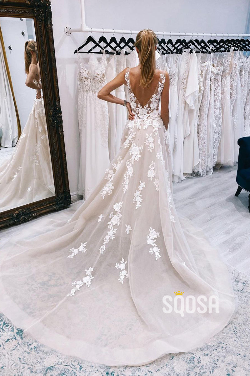 Plunging V-Neck Lace Appliques Rustic Wedding Dress QW2509|SQOSA