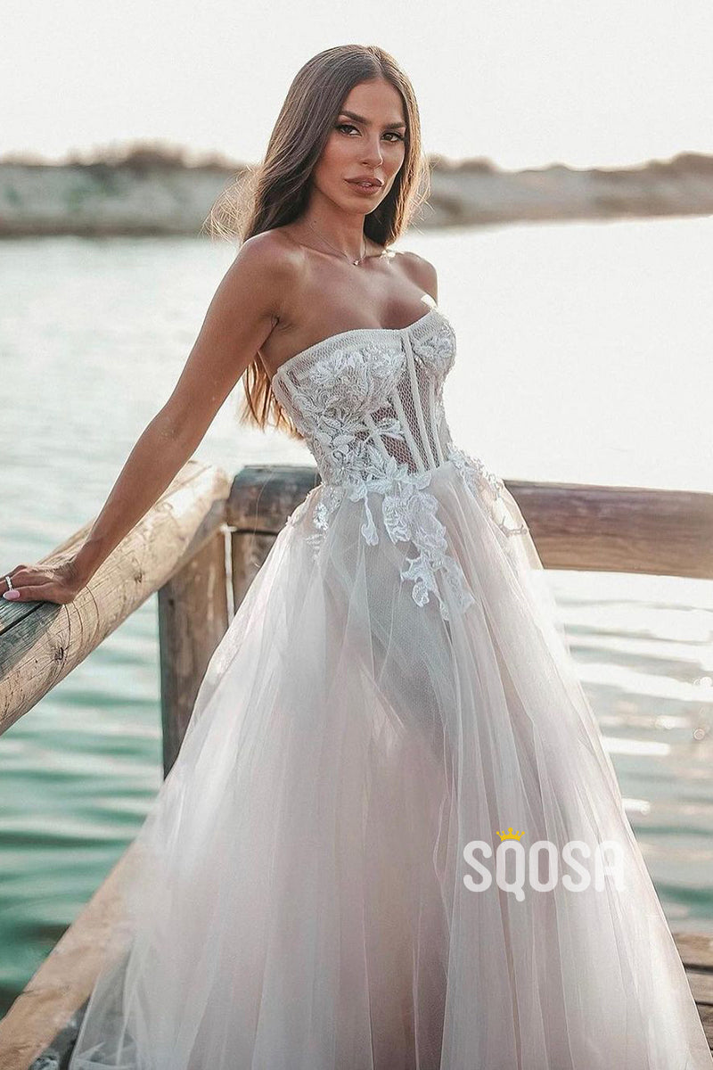 A-line Sweetheart Lace Appliques Bohemian Wedding Dress QW2523|SQOSA