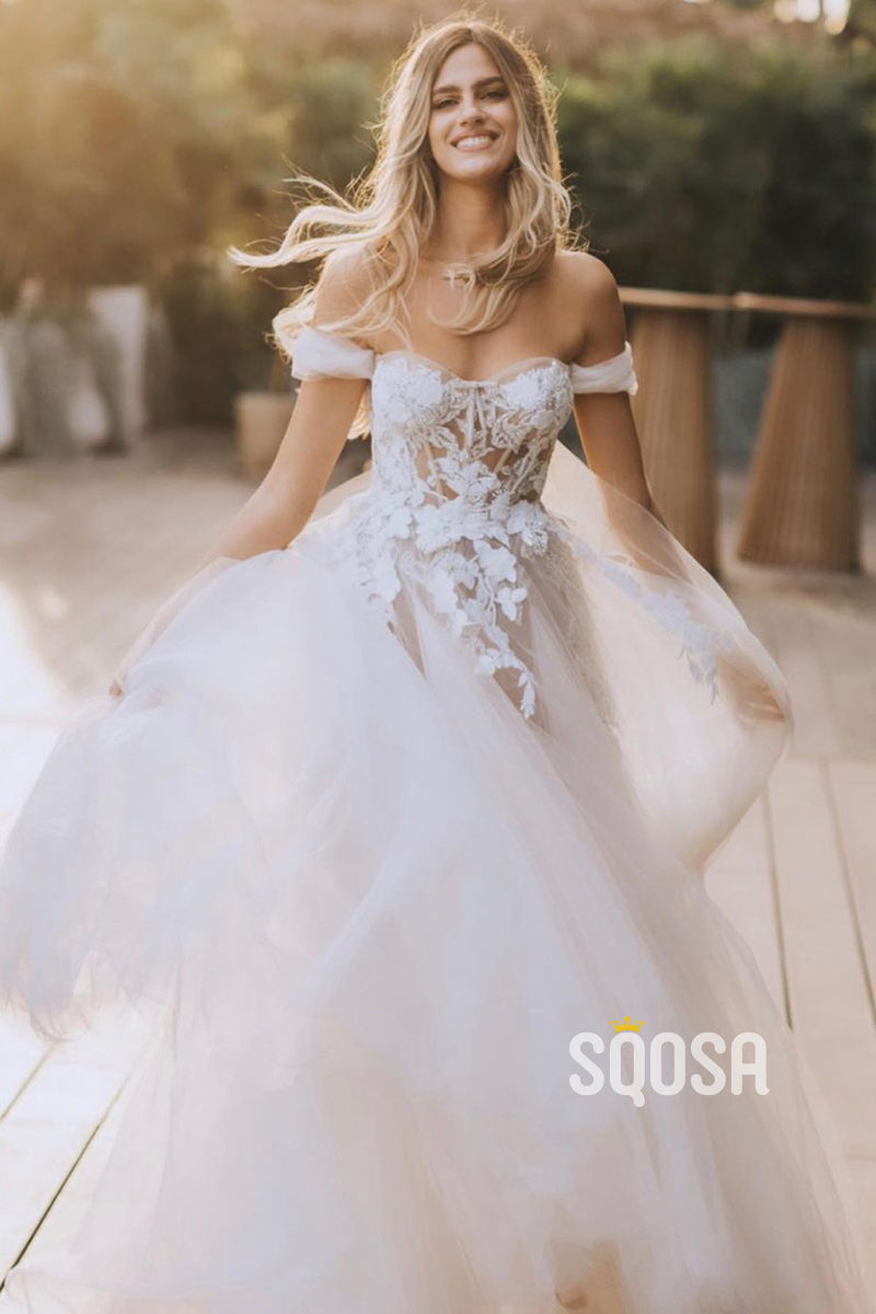 Unique Off the Shoulder Lace Appliques Bohemian Wedding Dress QW2524|SQOSA