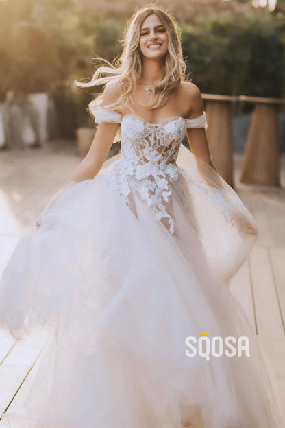 Unique Off the Shoulder Lace Appliques Bohemian Wedding Dress QW2524|SQOSA