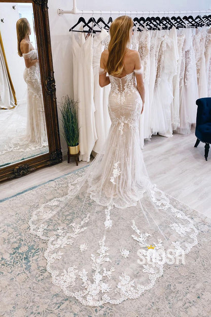 Chic Off the Shoulder Lace Appliques Mermaid Wedding Dress QW2529|SQOSA
