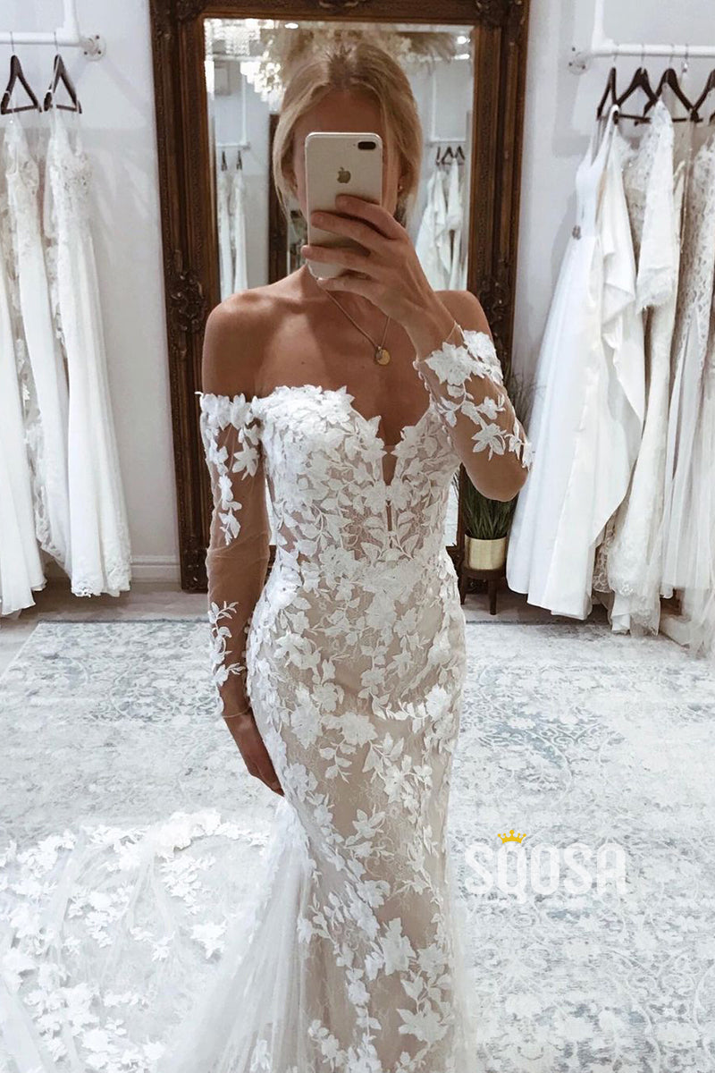 Chic Off the Shoulder Lace Appliques Mermaid Wedding Dress QW2529|SQOSA