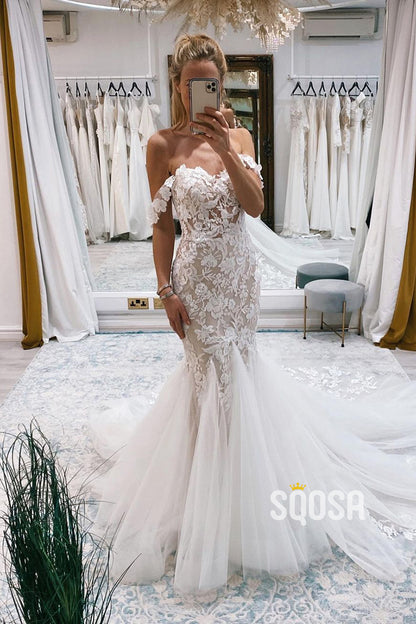 Chic Off the Shoulder Lace Appliques Mermaid Wedding Dress QW2532|SQOSA