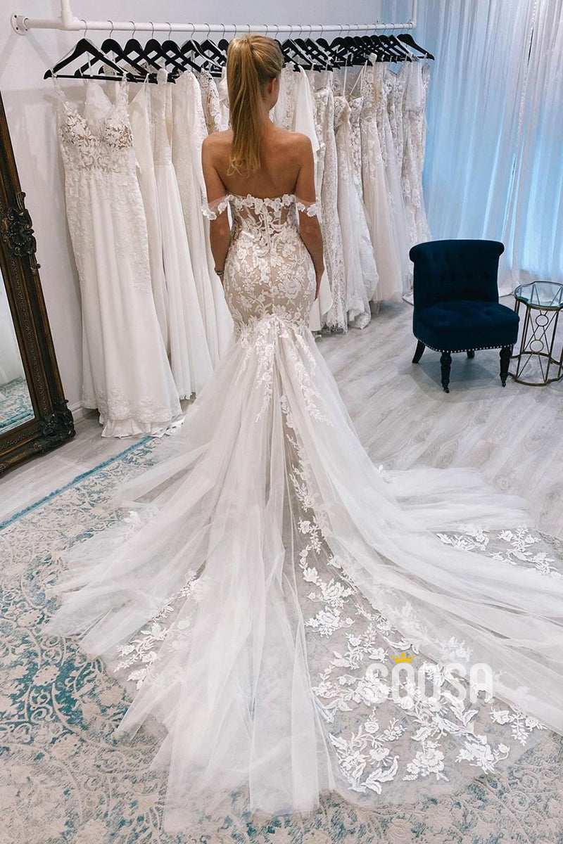 Chic Off the Shoulder Lace Appliques Mermaid Wedding Dress QW2532|SQOSA