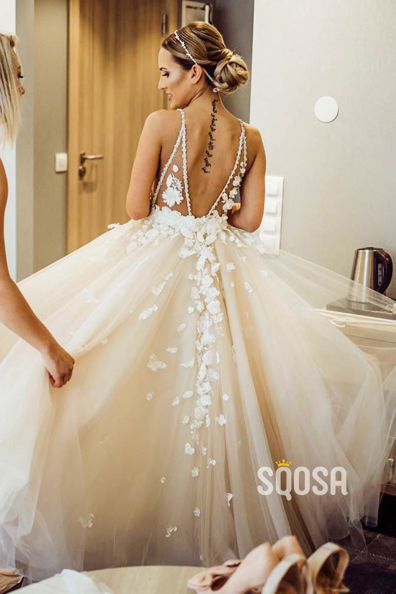 Attractive V-neck 3D Appliques A-line Wedding Dress QW2563|SQOSA