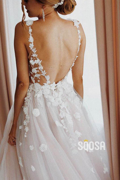 Plunging V-neck 3D Appliques A-line Pink Wedding Dress QW2566|SQOSA