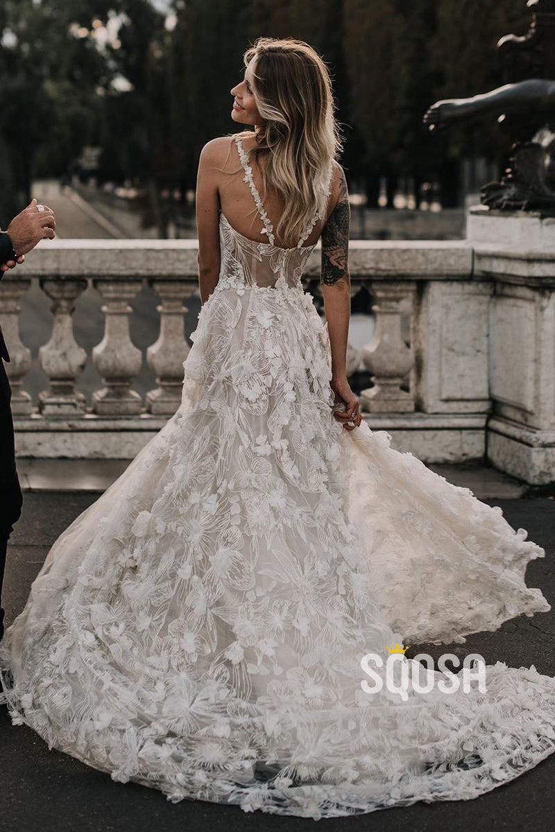 Unique Bateau Allover Lace Wedding Gown Bohemian Wedding Dress QW2656|SQOSA