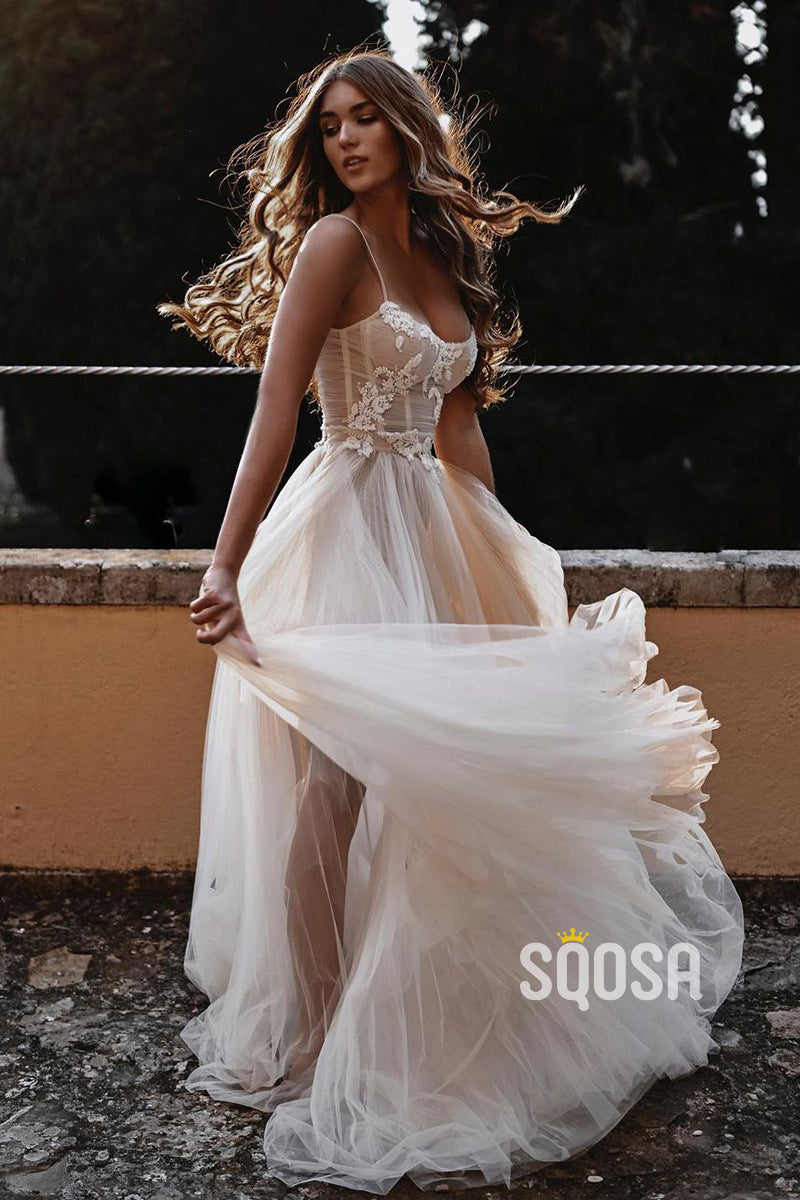 Spaghetti Straps Scoop Tulle Appliques Bohemian Wedding Dress QW2657|SQOSA