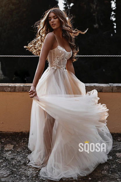 Spaghetti Straps Scoop Tulle Appliques Bohemian Wedding Dress QW2657|SQOSA