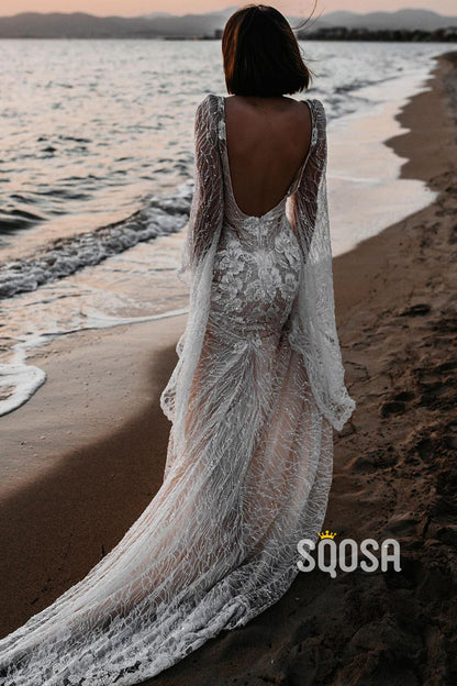 Plunging V-neck Bat Sleeves Lace Bohemian Wedding Dress QW2658|SQOSA