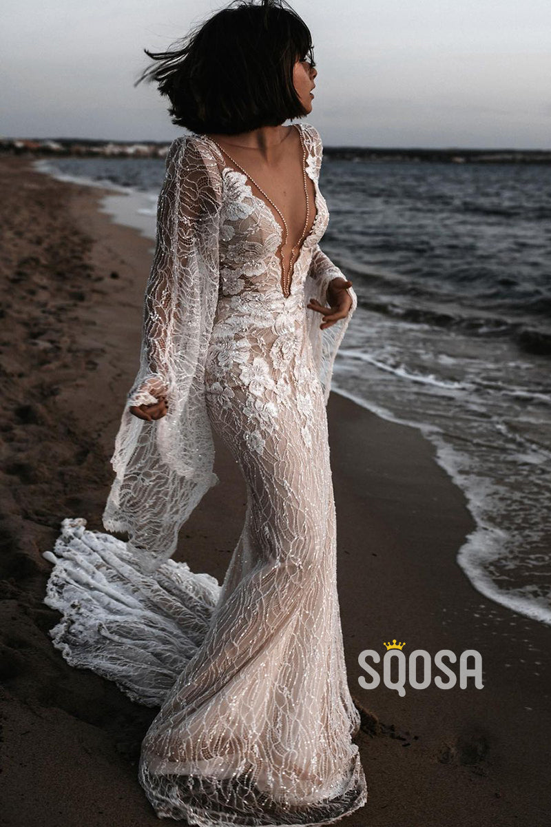 Plunging V-neck Bat Sleeves Lace Bohemian Wedding Dress QW2658|SQOSA