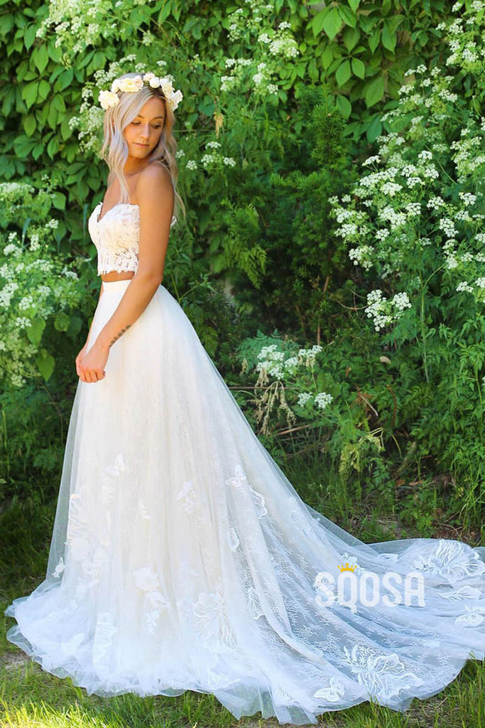 A-line Sweetheart Chic Appliques Two Piece Beach Wedding Dress QW2367|SQOSA
