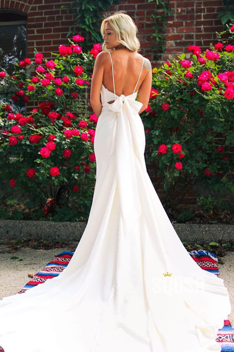 Sexy V-neck Spaghetti Straps Simple Mermaid Wedding Dress QW2372|SQOSA