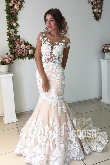 Mermaid Wedding Dress Exquisite Lace Appliques Rustic Wedding Dress QW2374|SQOSA