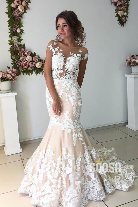 Mermaid Wedding Dress Exquisite Lace Appliques Rustic Wedding Dress QW2374|SQOSA