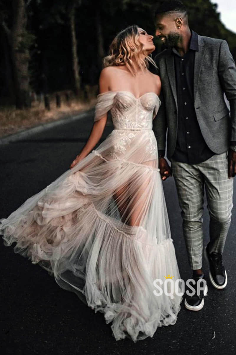 Unique Off-Shoulder Tulle Pleats Bohemian Wedding Dress QW2421|SQOSA