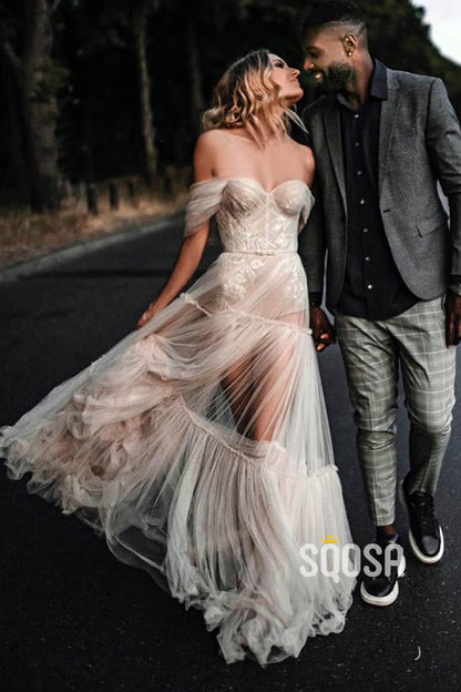 Unique Off-Shoulder Tulle Pleats Bohemian Wedding Dress QW2421|SQOSA