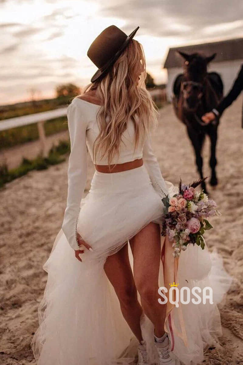 Unique Scoop Long Sleeves Two-Piece Bohemian Wedding Dress QW2423|SQOSA