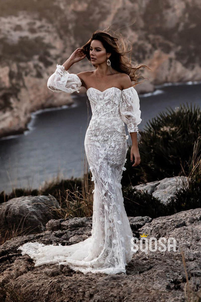 Mermaid Wedding Dress Sweetheart Exquisite Lace Bohemian Wedding Gown with Sleeves QW2426|SQOSA