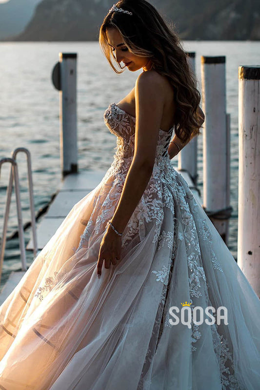 Unique Sweetheart Exquisite Lace Appliques Country Wedding Dress QW2427|SQOSA
