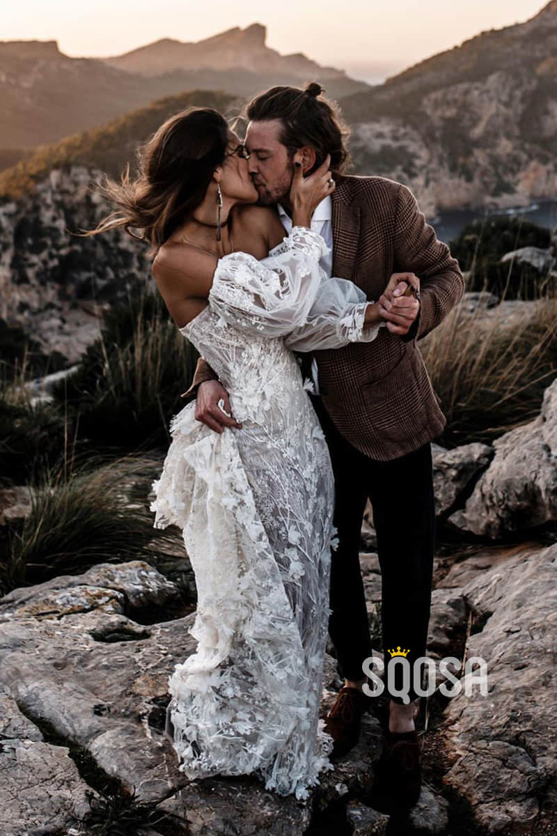 Mermaid Wedding Dress Sweetheart Exquisite Lace Bohemian Wedding Gown with Sleeves QW2426|SQOSA