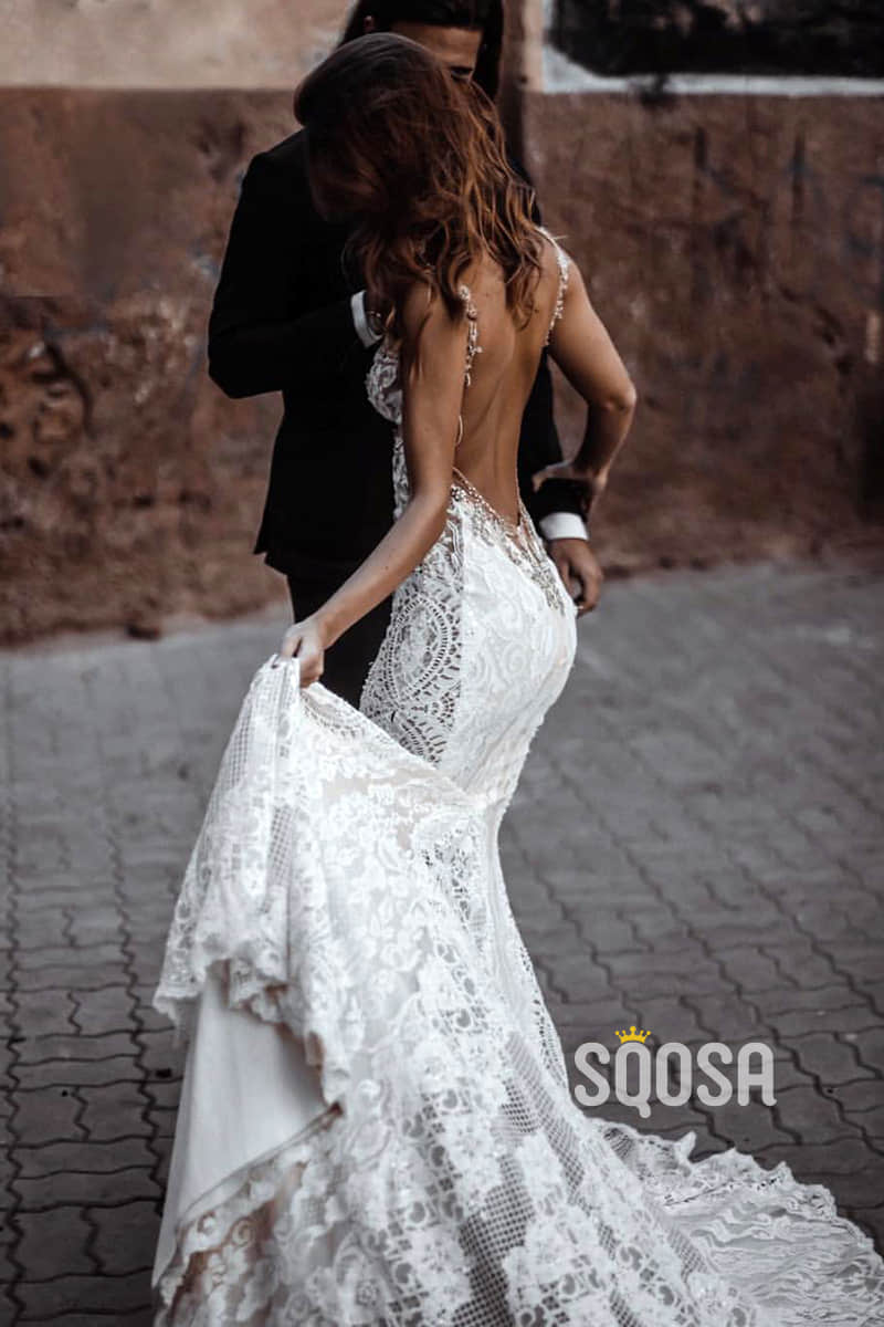 Attractive V-neck Exquisite Lace Beaded Bohemian Wedding Dress QW2428|SQOSA