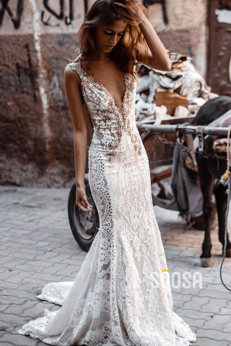 Attractive V-neck Exquisite Lace Beaded Bohemian Wedding Dress QW2428|SQOSA