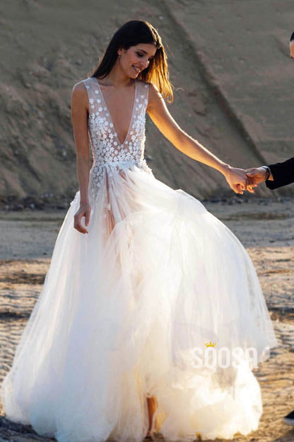 Sexy V-neck 3D Appliques Tulle AA-line Bohemian Wedding Dress QW2430|SQOSA