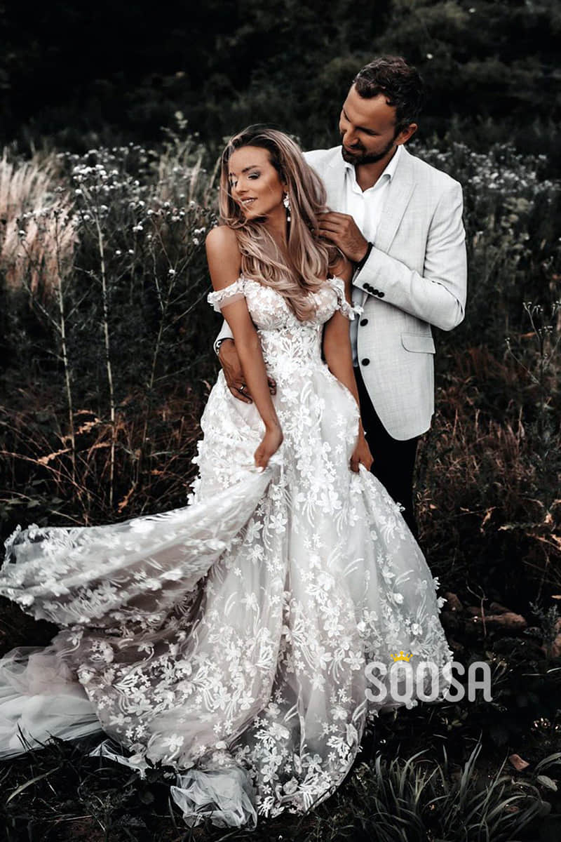 Unique Off-Shoulder Exquisite Lace Rustic Wedding Dress QW2432|SQOSA