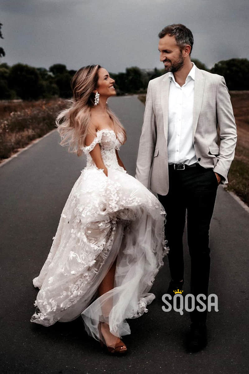 Unique Off-Shoulder Exquisite Lace Rustic Wedding Dress QW2432|SQOSA