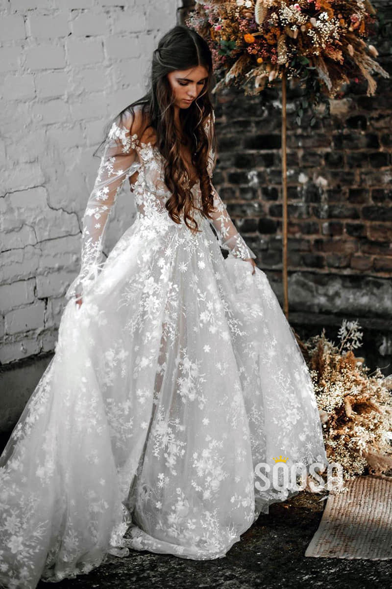 Attractive V-neck Long Sleeves Lace Bohemian Wedding Dress Backless QW2434|SQOSA